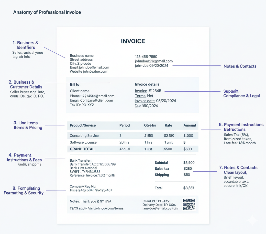 Anatomy of a professional business invoice with key sections labeled